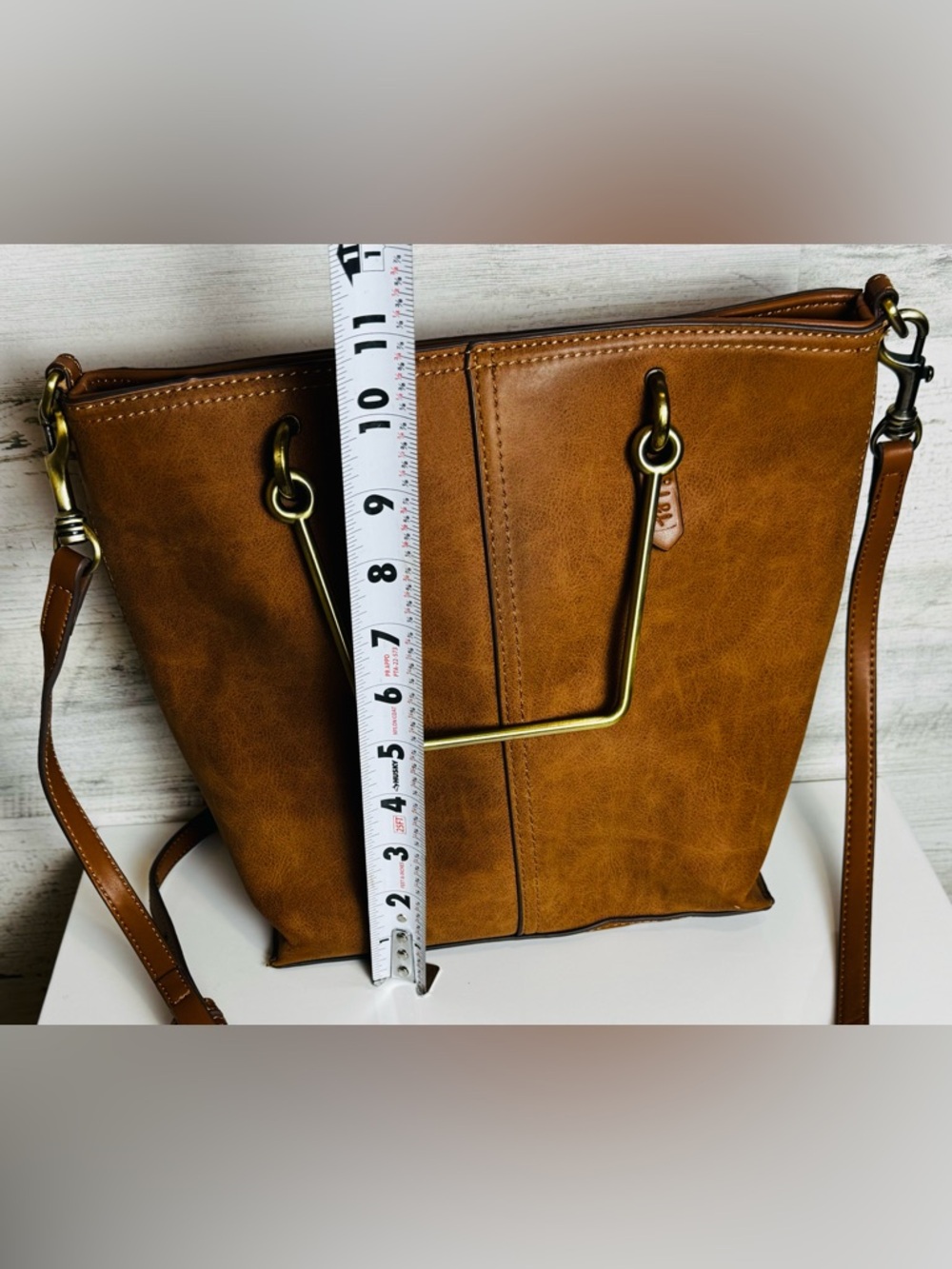 Elle Jae Gypset Brown Faux Leather Tote w/ Gold Bar Handles with Crossbody Strap - Picture 10 of 15